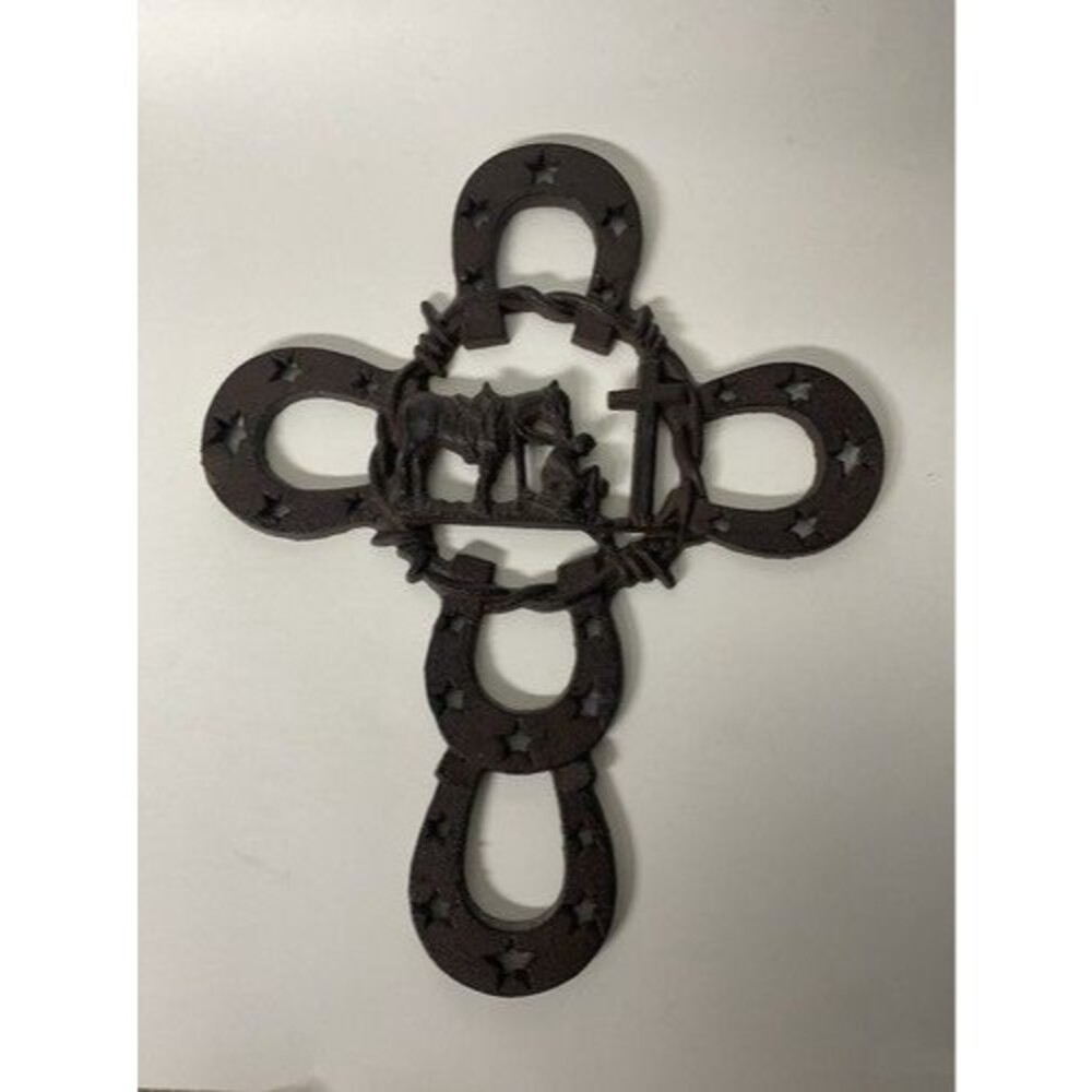 VTG Cast Iron Praying Cowboy Kneeling at Cross Horse Rustic Metal Western Wall D